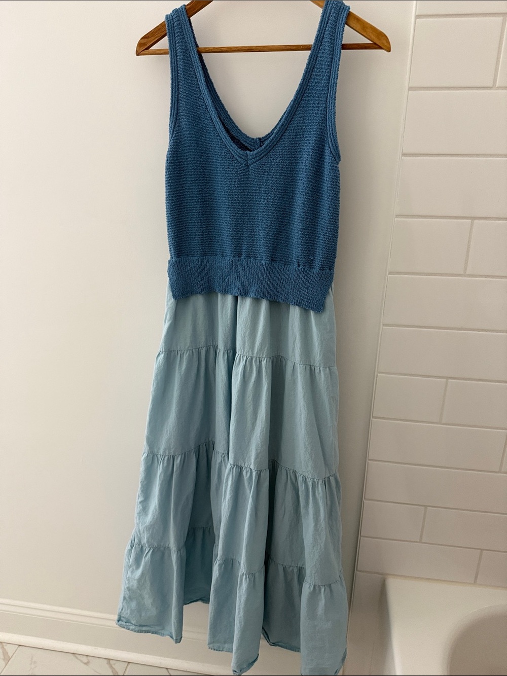 Elan Two-Tone Blue Knit Bodice Tiered Dress